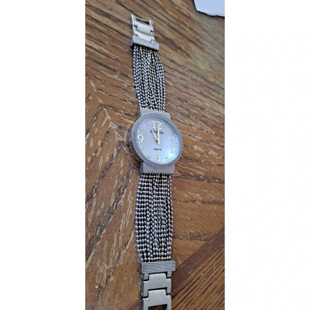 CHICOS Silver Gold Multi-Tone Bead Chain Band MOP Ladies Watch Wristwatch *RUNS*